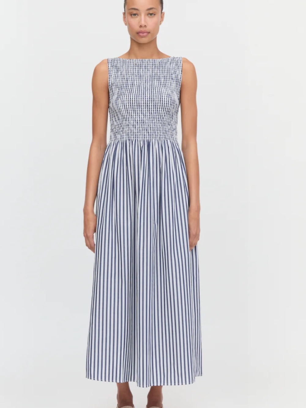 Hill House Smocked Bodice Blue and White Striped Maxi Dress